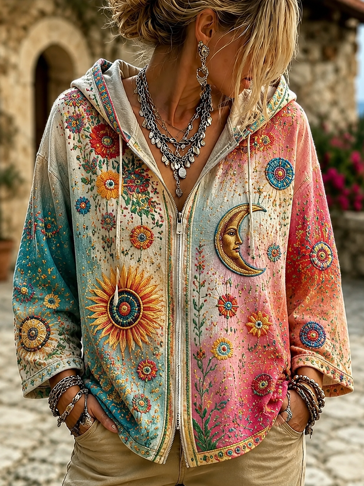 Women's Bohemian Vintage Tie-dye Sun, Moon & Floral Embroidered Zip Hoodie