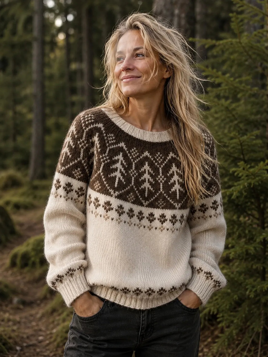 Women's Vintage Forest Motif Print Knitted Comfort Round Neck Sweater