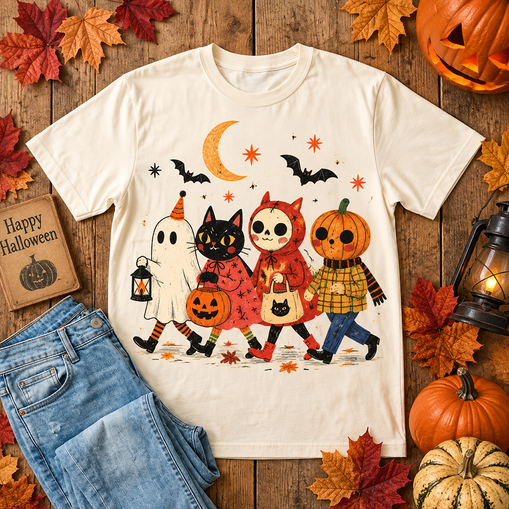 Unisex Halloween Cute Ghost, Cat And Pumpkin Parade Print Short Sleeve T-shirt