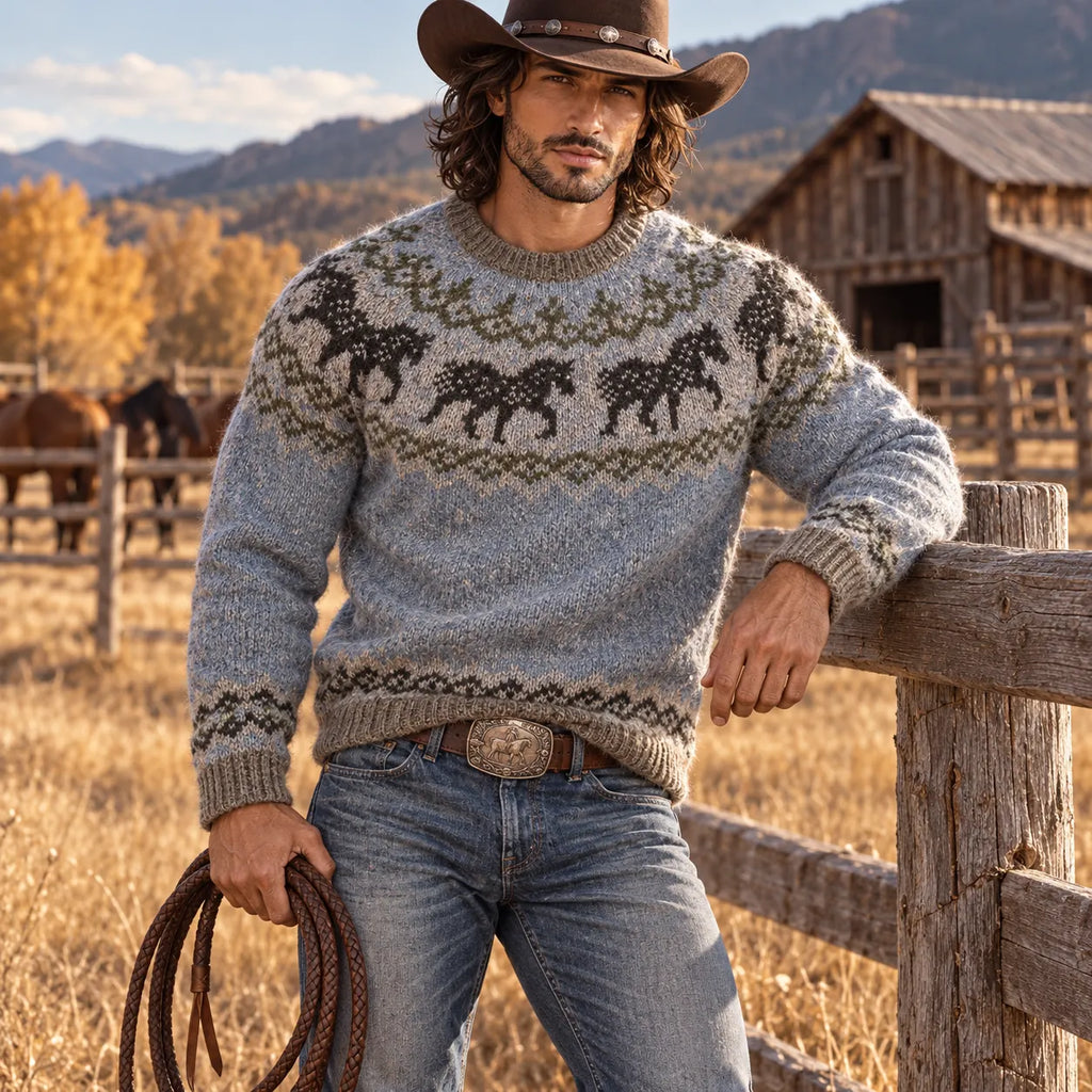 Women's Western Horse Motif Print Knitted Comfort Round Neck Sweater