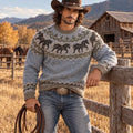 Women's Western Horse Motif Print Knitted Comfort Round Neck Sweater