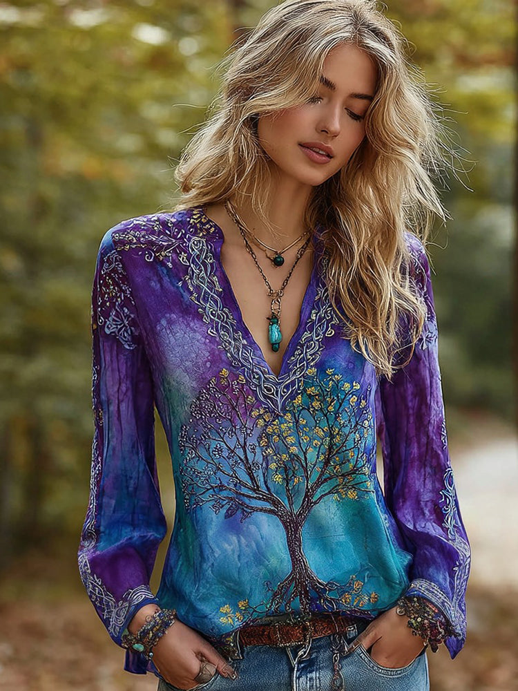 Women's Retro Viking Celtic Tree Of Life Pattern Casual T-shirt