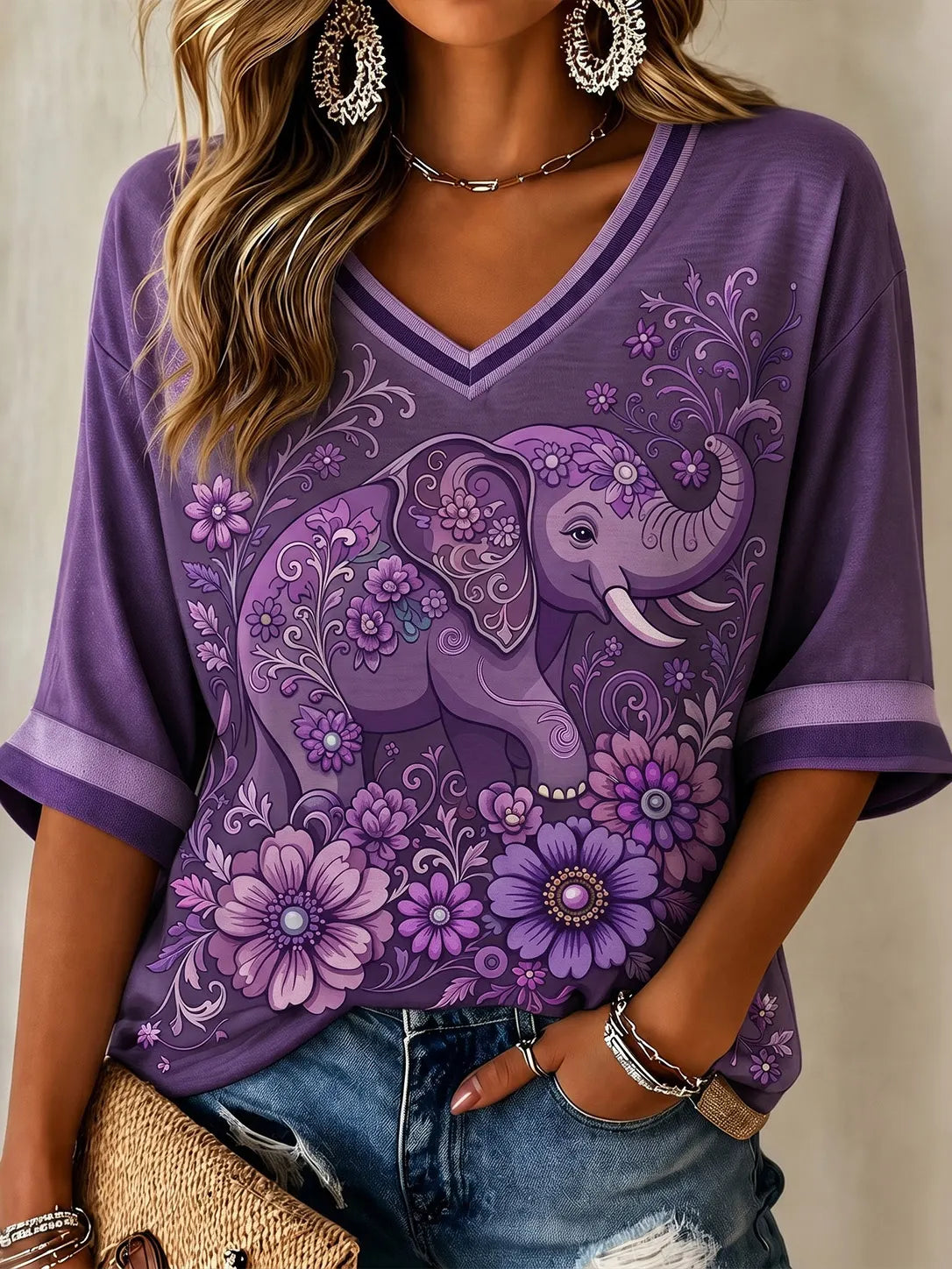 Women's Diamond Elephant Flowers Art Print Alzheimer's Awareness Support 3/4 Sleeves T-shirt