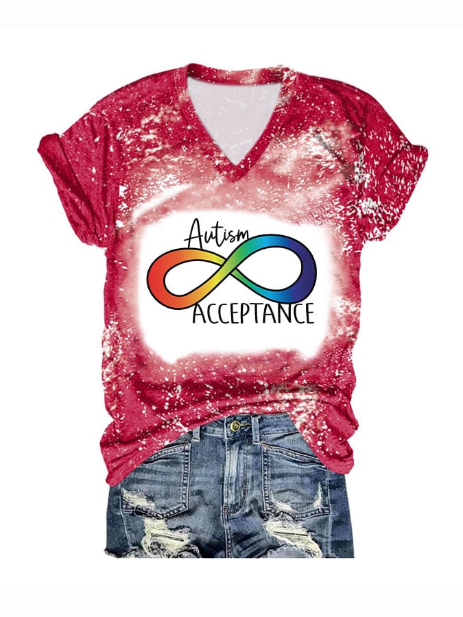 V-neck Autism Awareness Acceptance Print T-Shirt