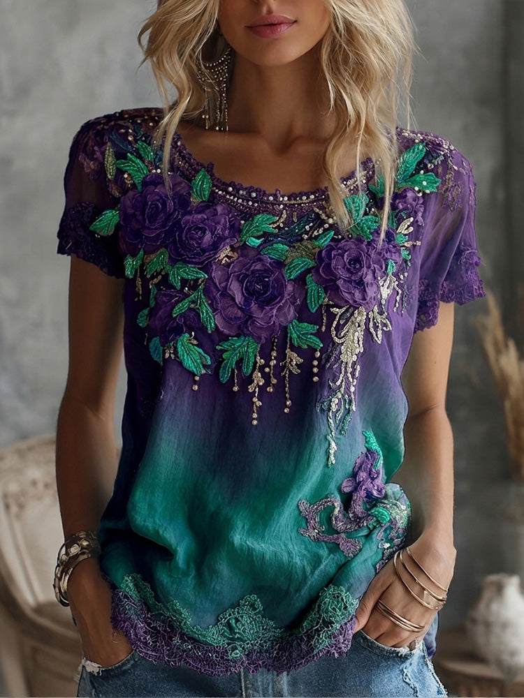 Women's Vintage Celtic Knot Rose Embroidery Casual T-shirt