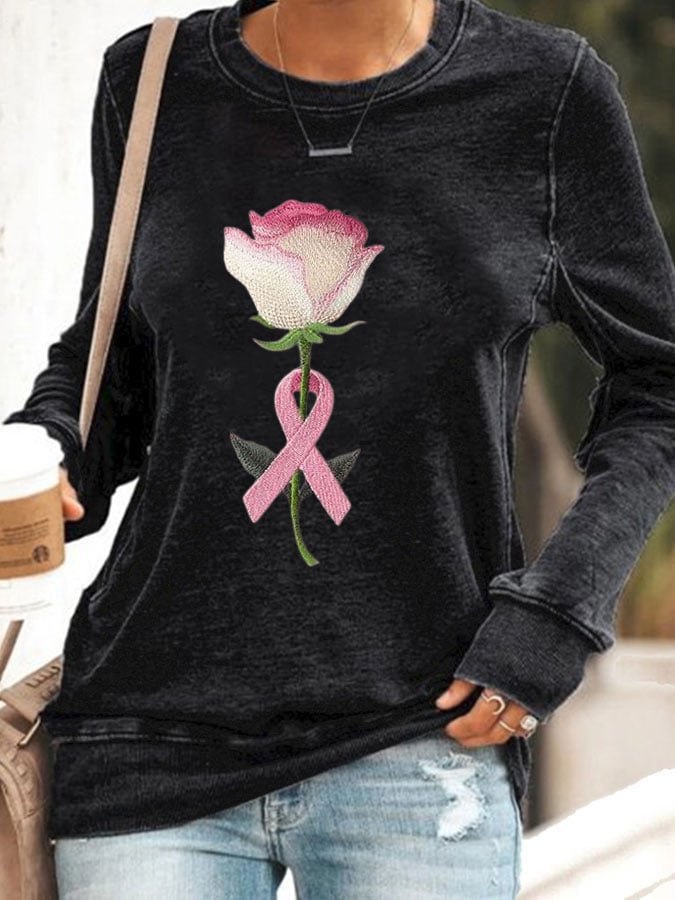 Women's Rose With Pink Ribbon Embroidered Printed Sweatshirt