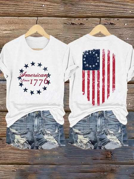 Women's INdependence Day American Flag 1776 Pattern Round-Neck T-Shirt
