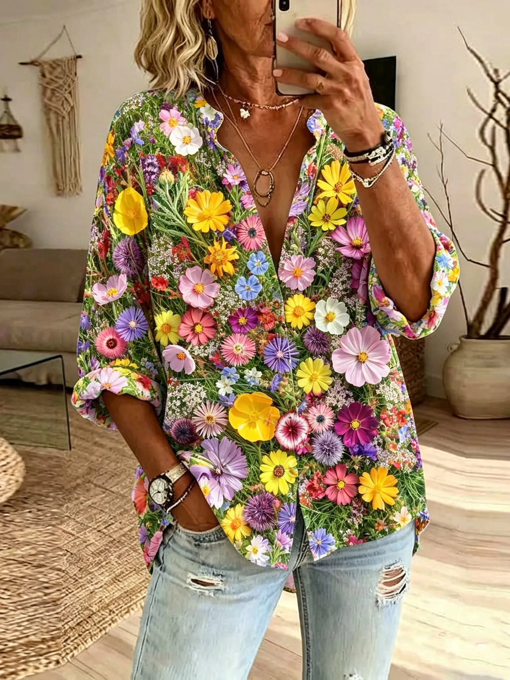 Women's Retro Purple Floral Art Long-sleeved Shirt