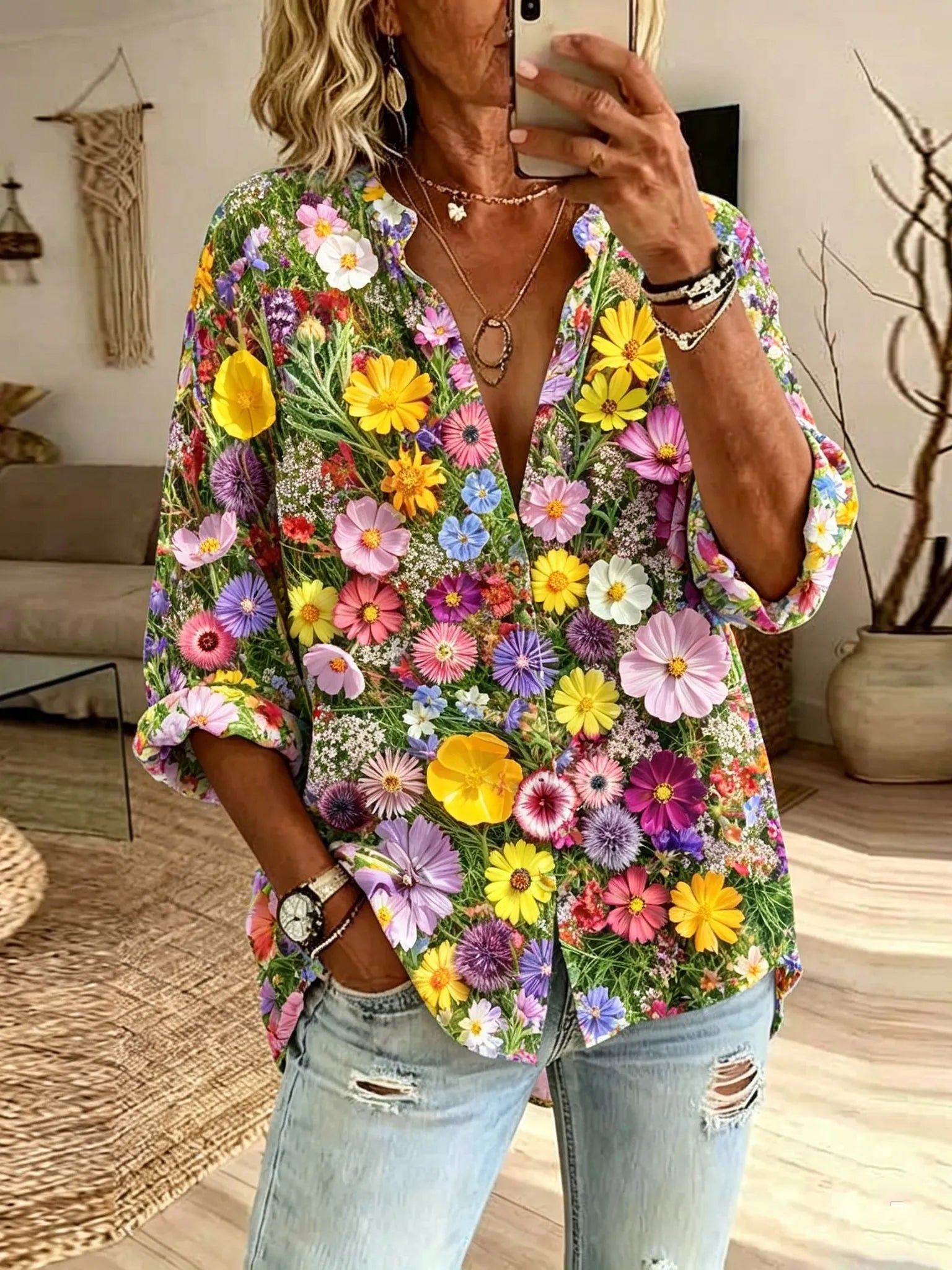 Women's Retro Purple Floral Art Long-sleeved Shirt