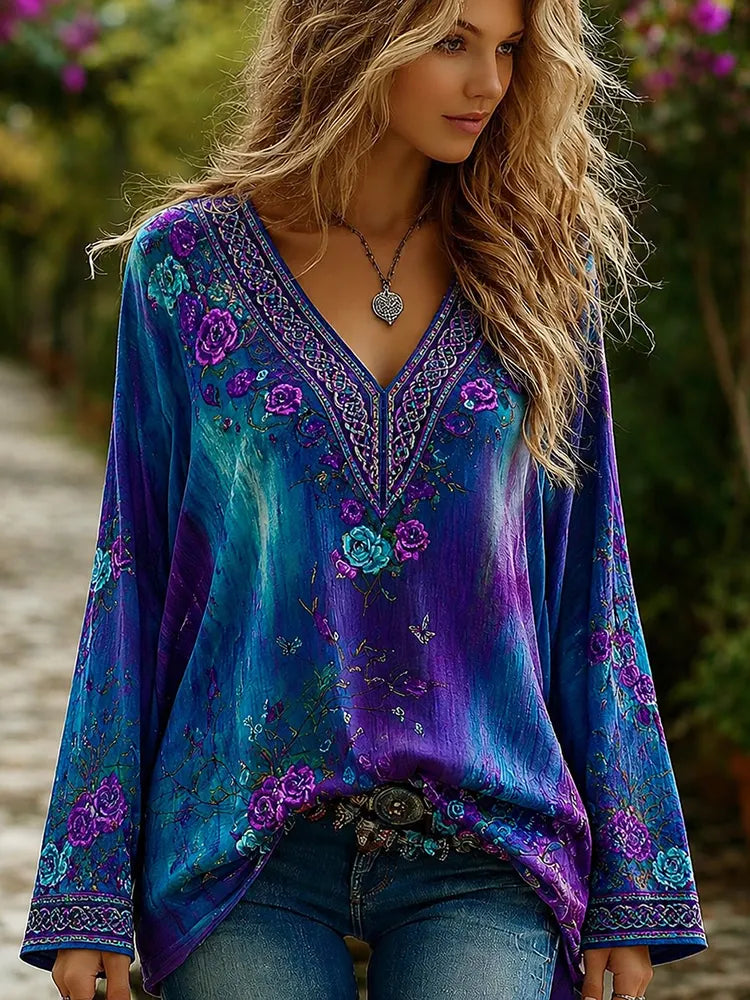Women's Retro Celtic Knot Rose Gradient Pattern Casual V-neck Shirt