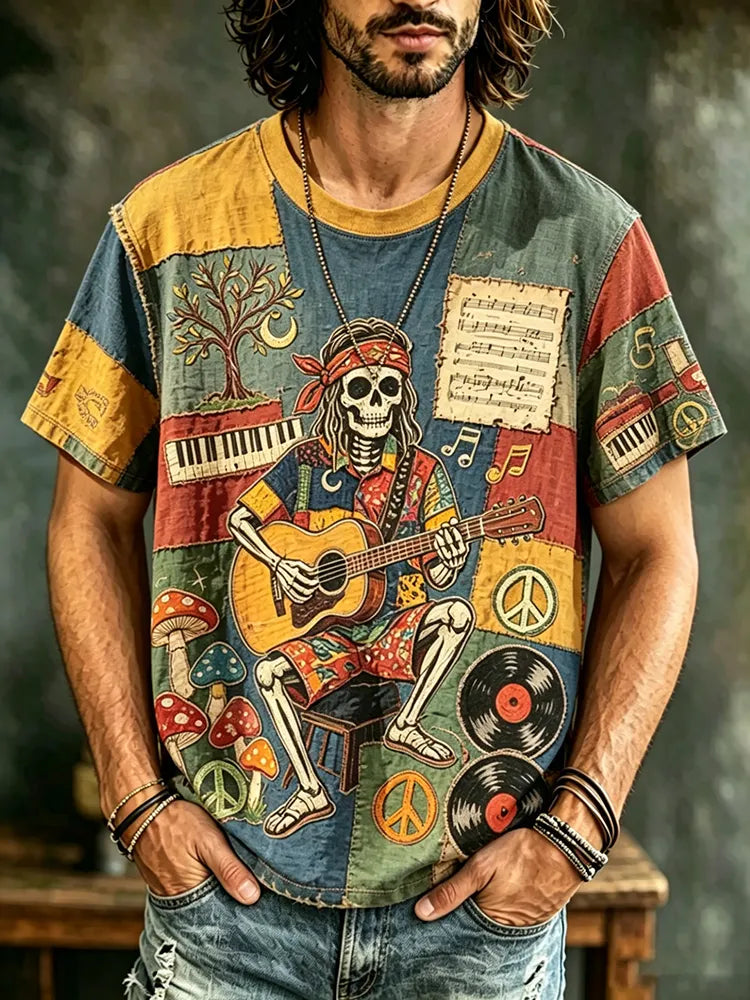 Men's Hippie Style Music Print Casual T-shirt