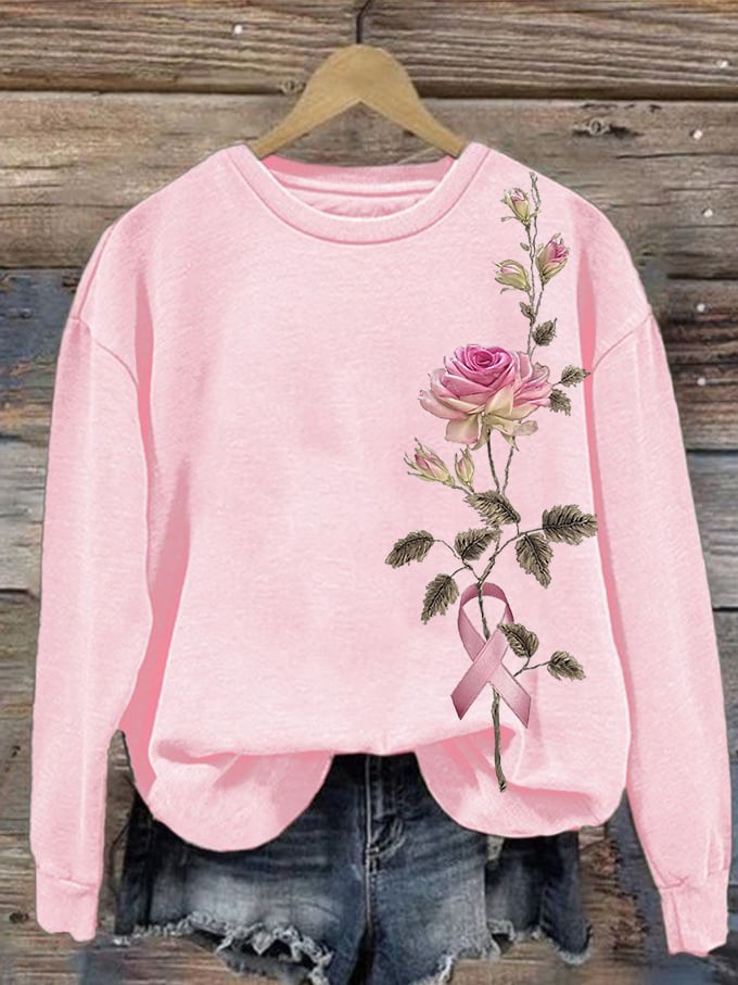 Women's Rose With Pink Ribbon Embroidered Printed Sweatshirt