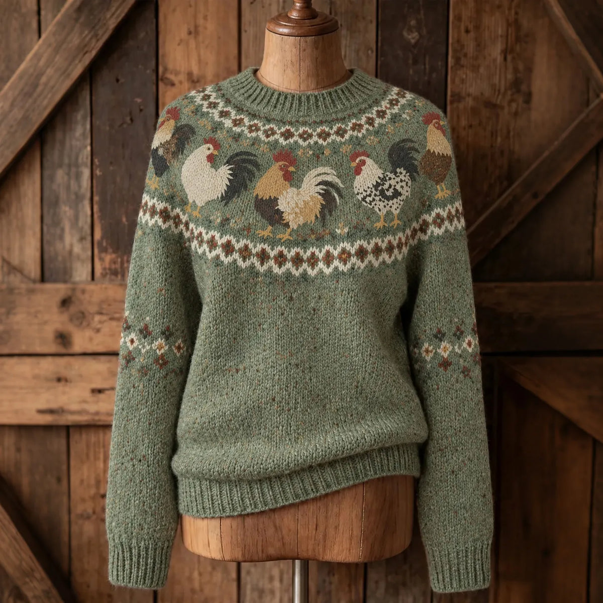 Women's Retro Rooster Ethnic Patterns Cozy Fair Isle Style Knit Sweater
