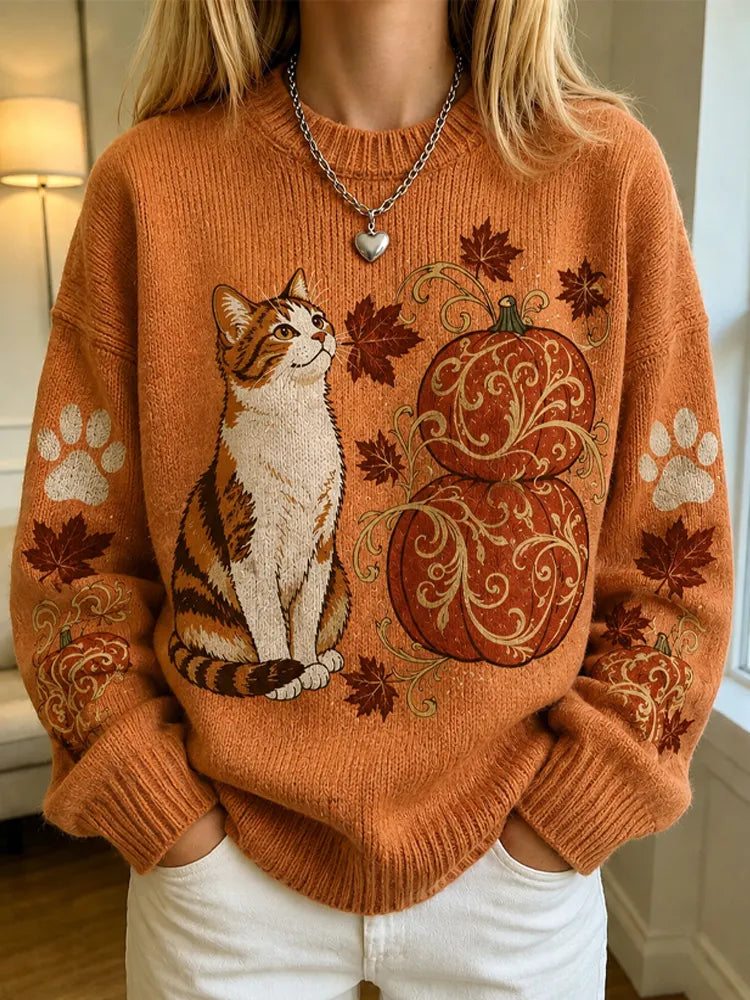Women's Autumn Sweatshirt With Cat, Pumpkin, And Maple Leaf Pattern