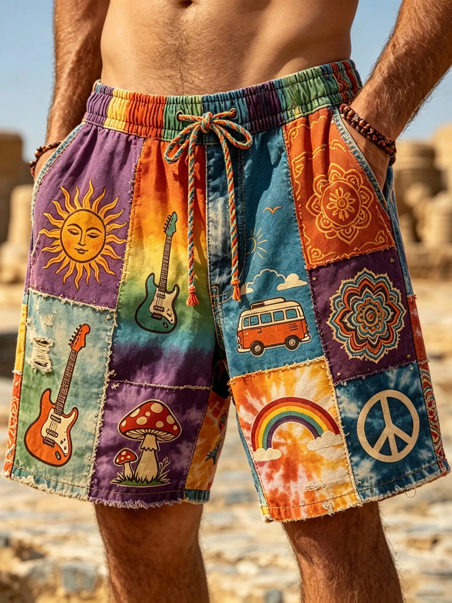 Men's Retro Hippie Style Sun And Peace Logo Print Casual Shorts