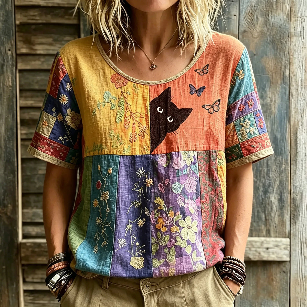 Women's Hippie Black Cat Art Embroidered Linen Blend Round Neck Tshirt