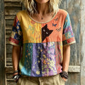 Women's Hippie Black Cat Art Embroidered Linen Blend Round Neck Tshirt