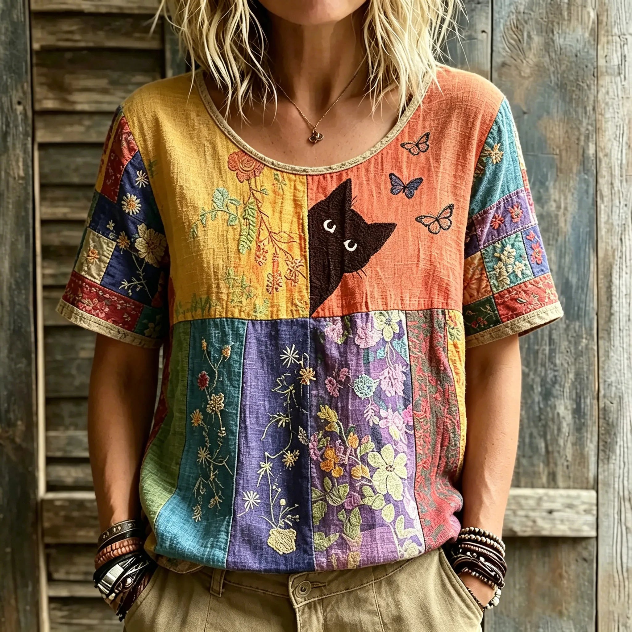 Women's Hippie Black Cat Art Embroidered Linen Blend Round Neck Tshirt