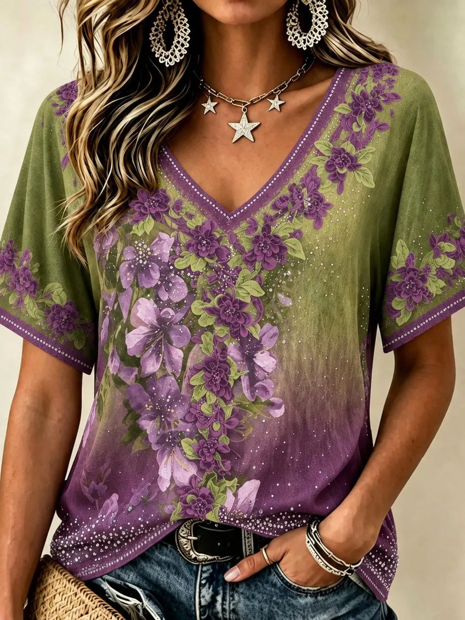 Women's Retro Bohemian Floral Embroidery Sequin Print Short-sleeve V-neck Top