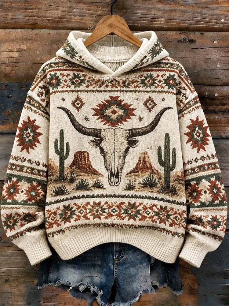 Women's Western Longhorn Skull Cactus Knit Sweater