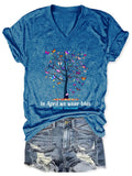 V-neck Butterfly Tree Autism Awareness In April We Wear Blue Print T-Shirt