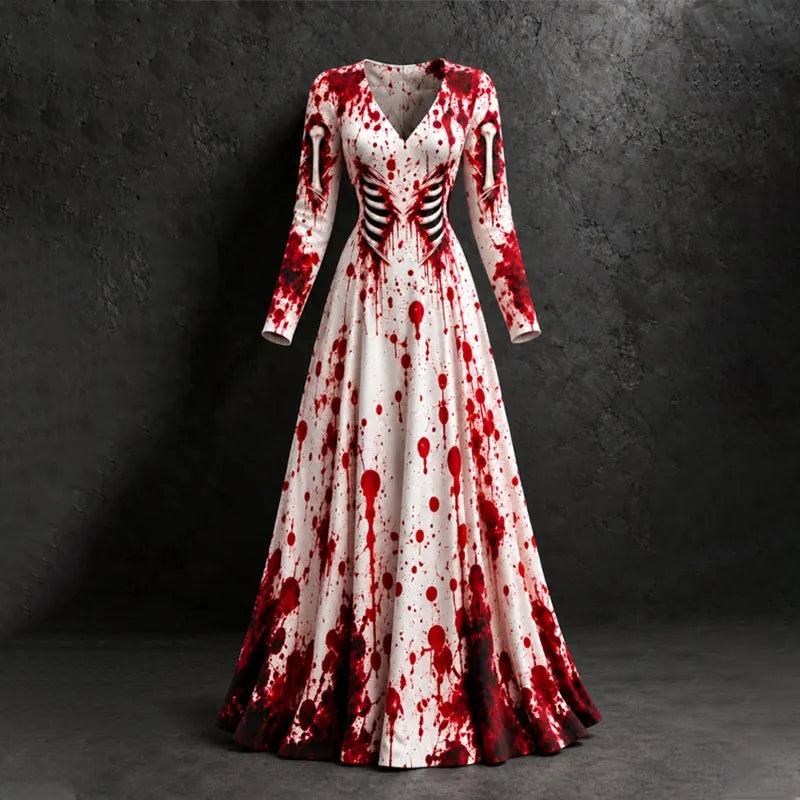 Women's Halloween Bloodstain Skull Print V-neck Long Sleeve Waist-cinched Dress