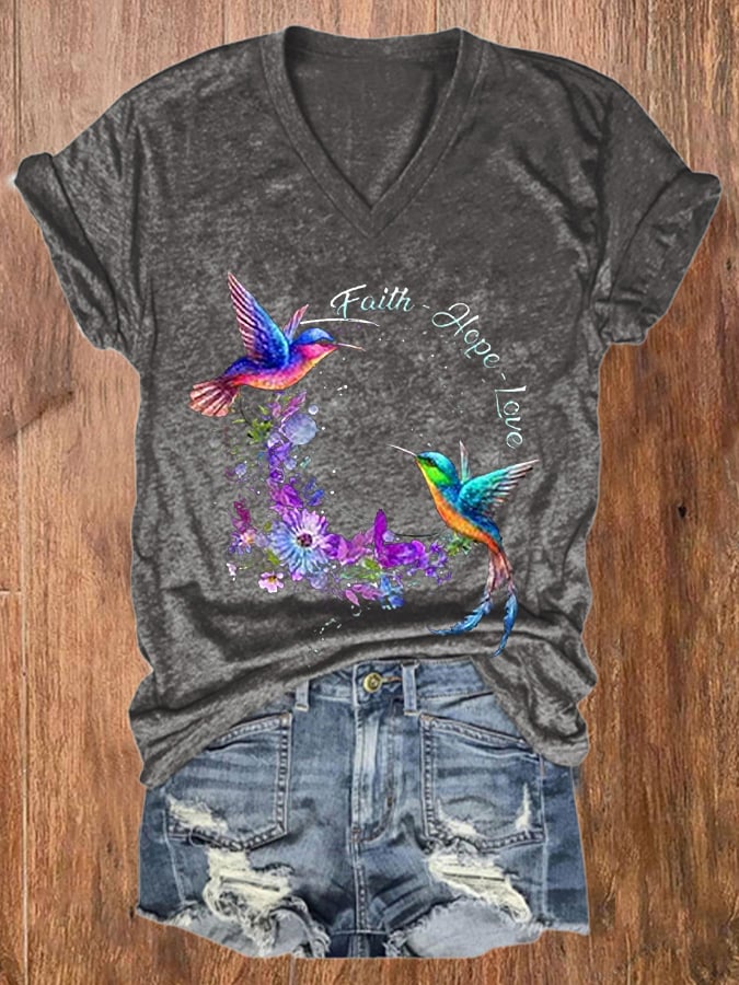 Women's Faith Hope Love Hummingbird Alzheimer's Awareness Printed V-Neck Tee