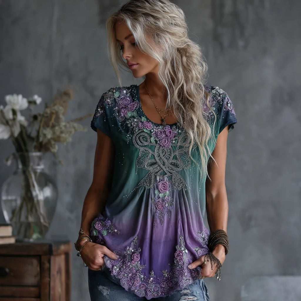 Women's Vintage Celtic Knot Floral Gradient Art Embroidery Cotton Linen Short Sleeve Top