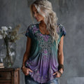 Women's Vintage Celtic Knot Floral Gradient Art Embroidery Cotton Linen Short Sleeve Top