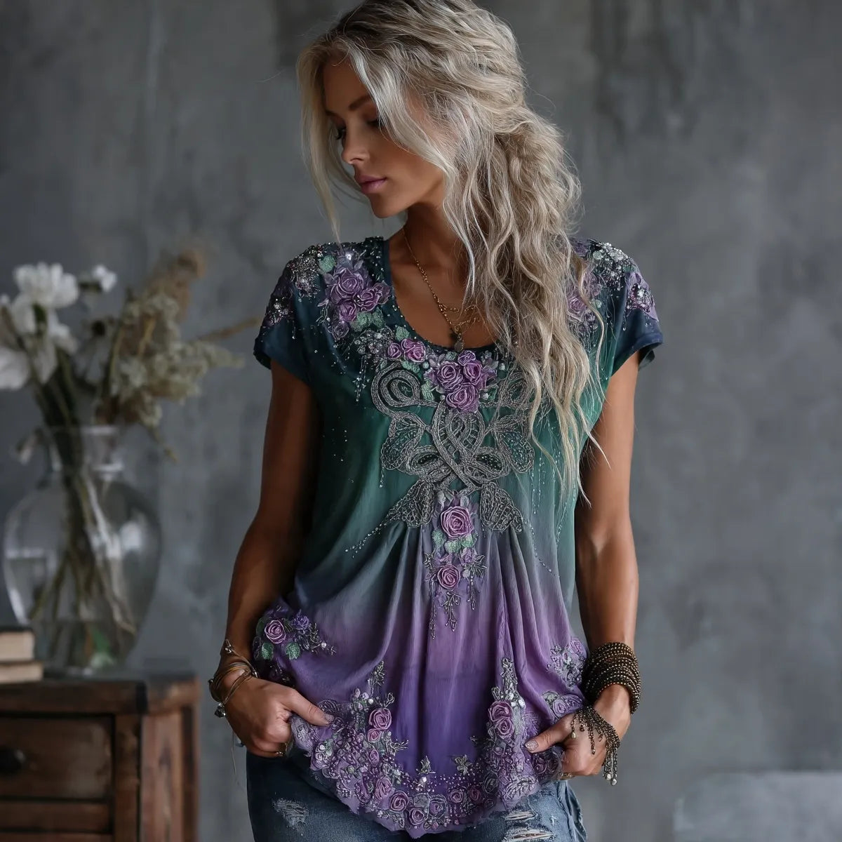 Women's Vintage Celtic Knot Floral Gradient Art Embroidery Cotton Linen Short Sleeve Top
