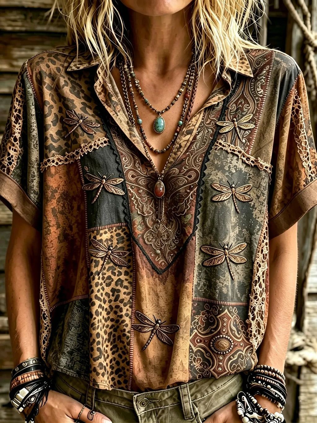 Women's Retro Western Style Leopard Print And Dragonfly Embroidery Patchwork Print Top