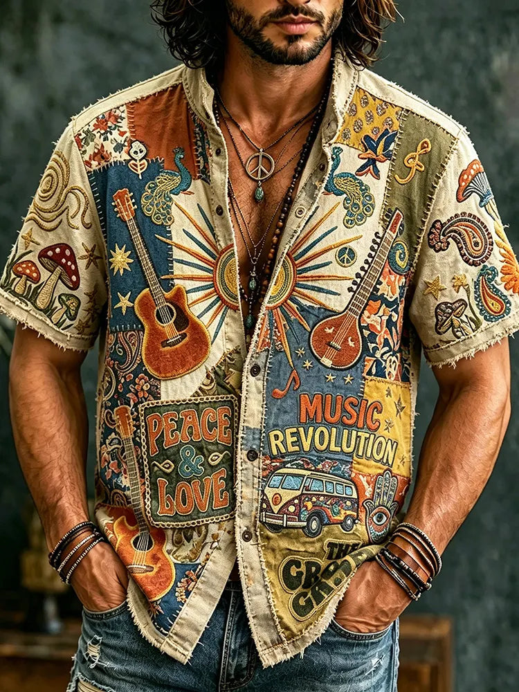 Men's Peace And Love Music Revolution Sun Guitar Peacock Patchwork Art Print Casual Shirt