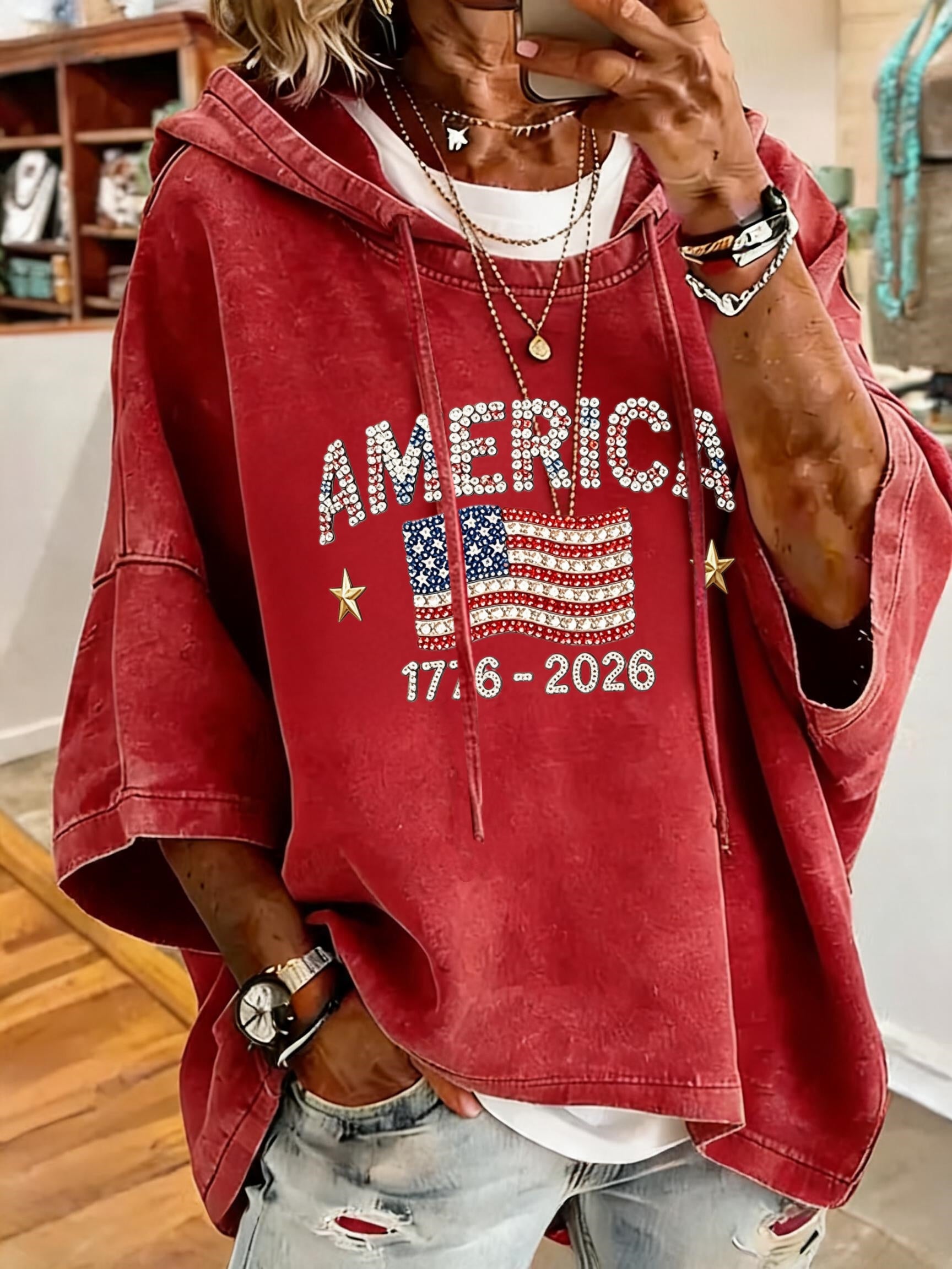 Women's Independence Day Print Casual Oversized Hoodie