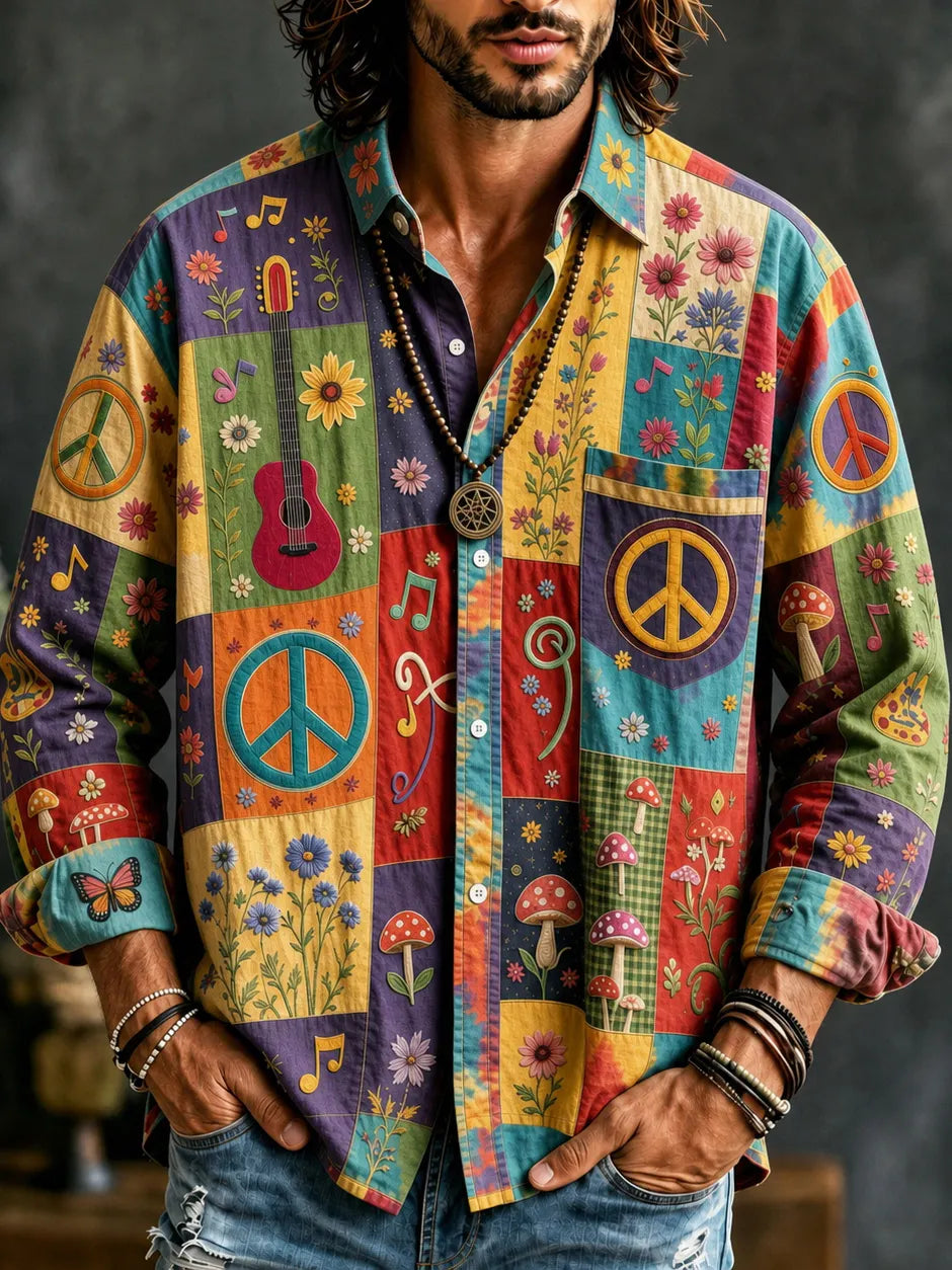 Men's Peace Sign And Guitar Hippie Patchwork Print Long Sleeves Shirt