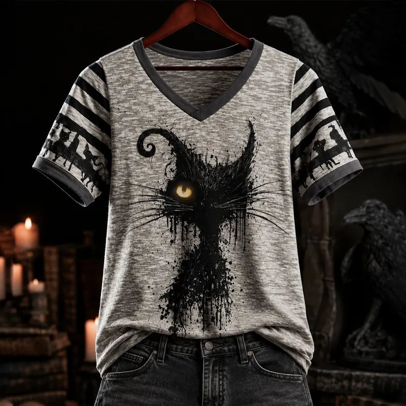 Women's Halloween Fluffy Cat Striped Short Sleeve Top