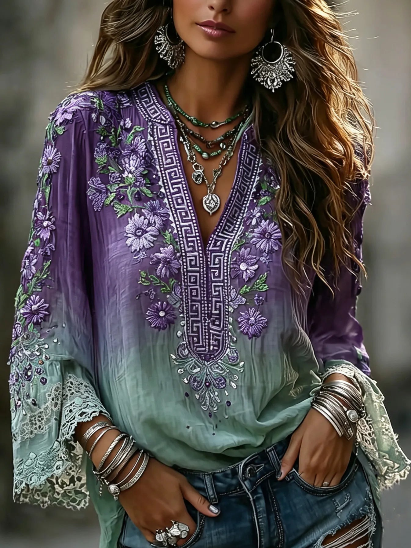 Women's Vintage Boho Floral Gradient Art Print Flowy Linen Blend Casual Shirts