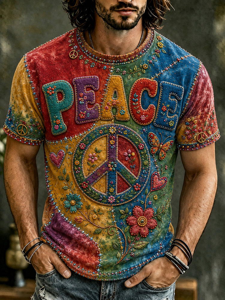 Men's Vintage Hippie Peace Flower Patchwork Art Crew Neck Short Sleeve T-shirt