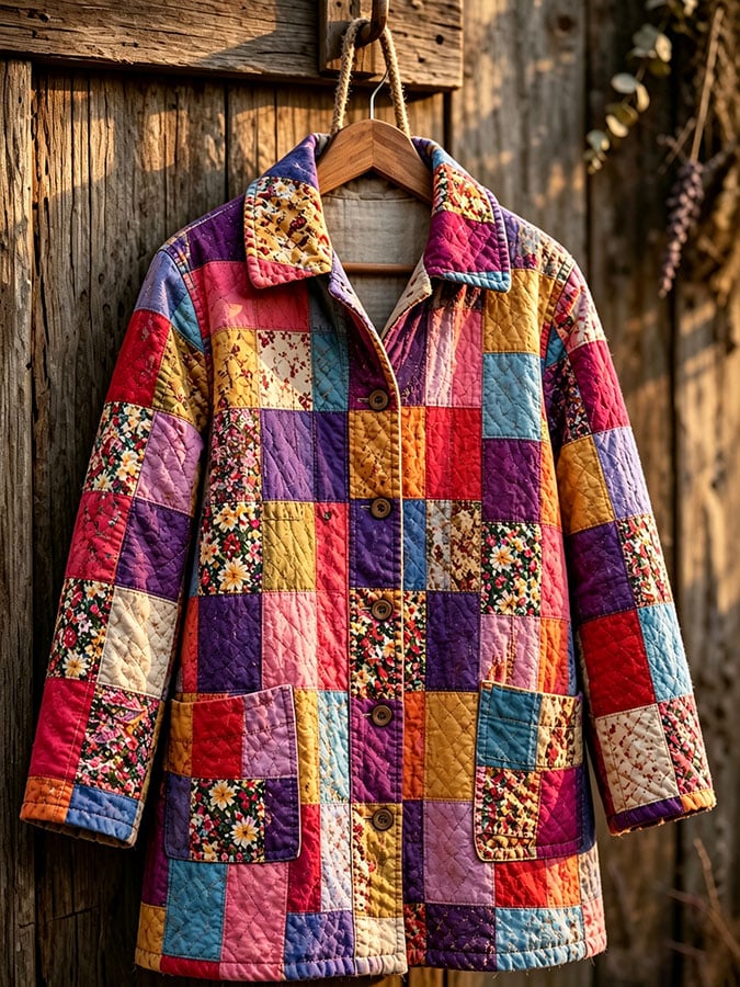 Women's Casual Retro Color Block Print Jacket