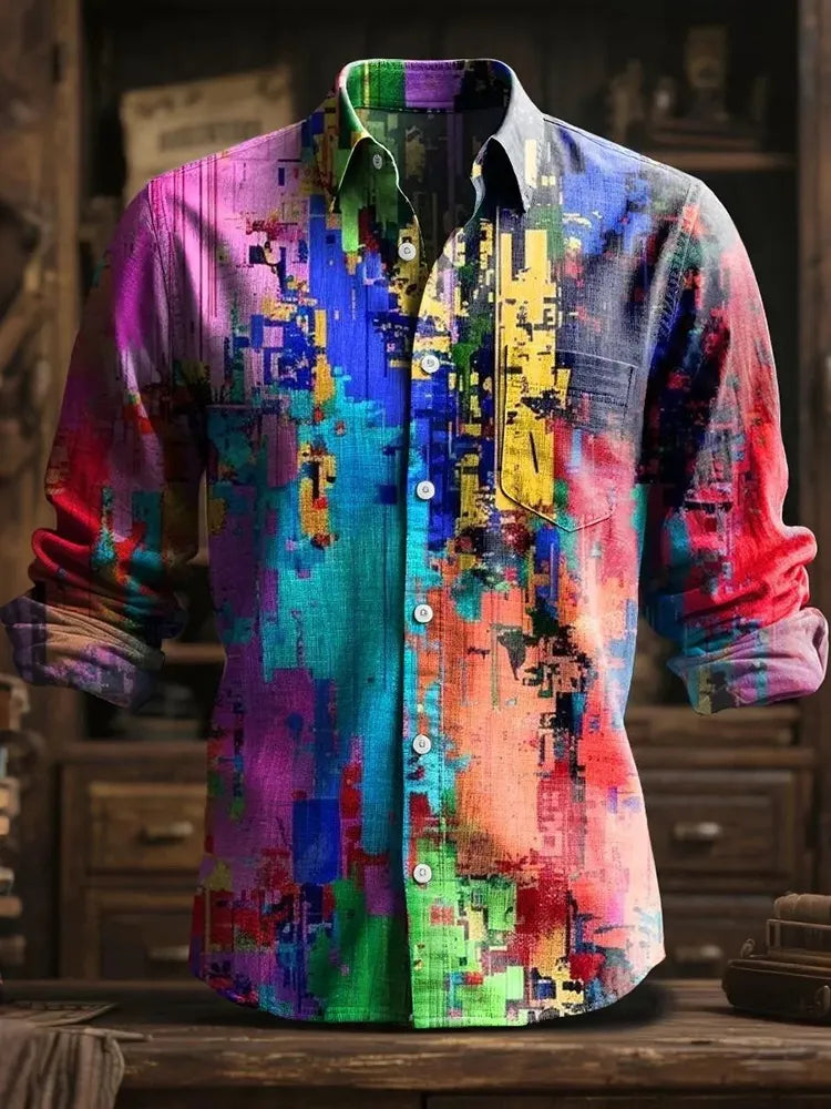 Men's Retro Resort Color Block Print Collared Long-sleeve Cotton Linen Shirt