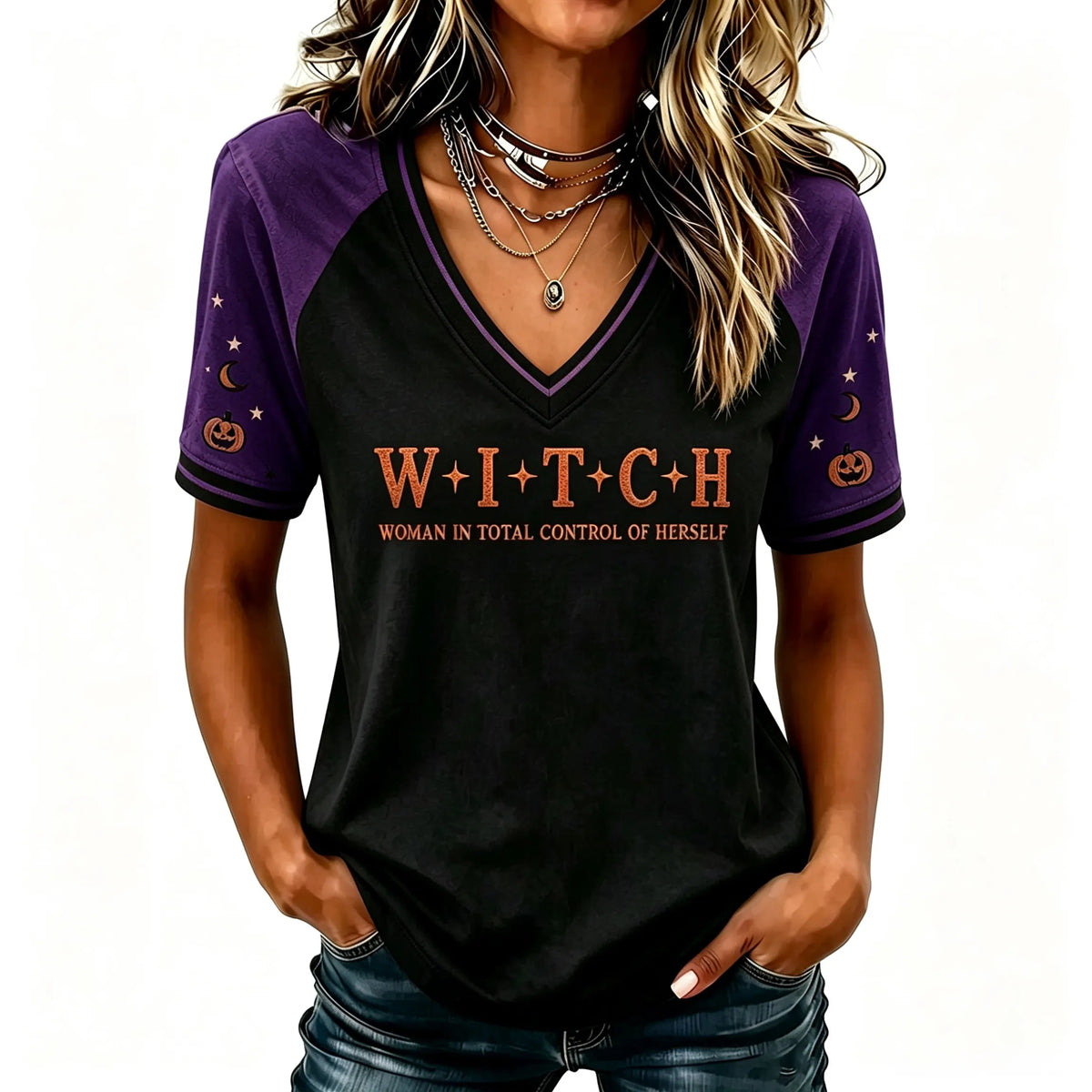 Women's Halloween "woman In Total Control Of Herself" Printed V-neck Short-sleeved T-shirt