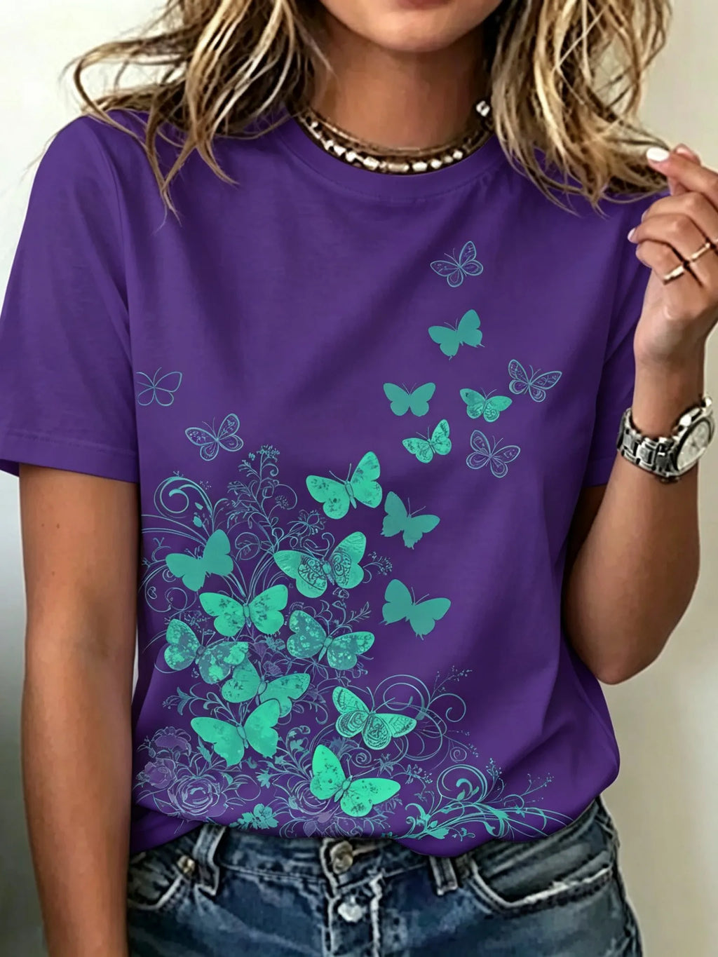 Women's Retro Bohemian Floral And Butterfly Print T-shirt