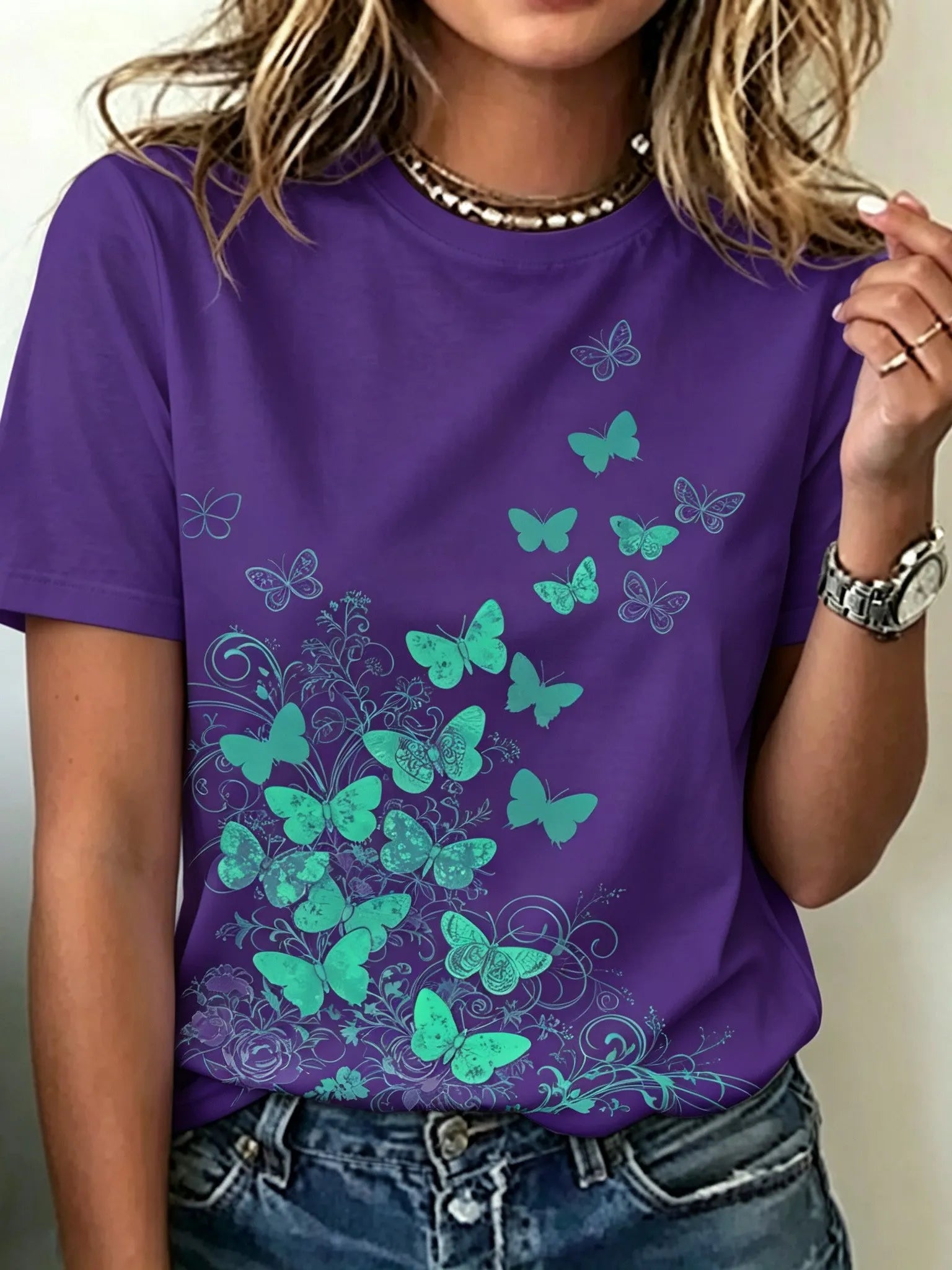 Women's Retro Bohemian Floral And Butterfly Print T-shirt