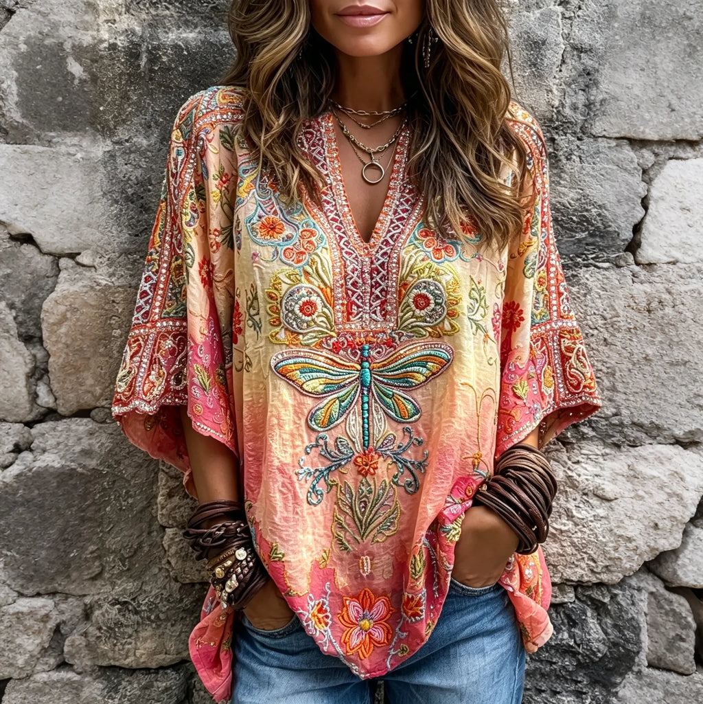 Women's Vintage Floral Dragonfly Art Linen Blend V Neck Tops