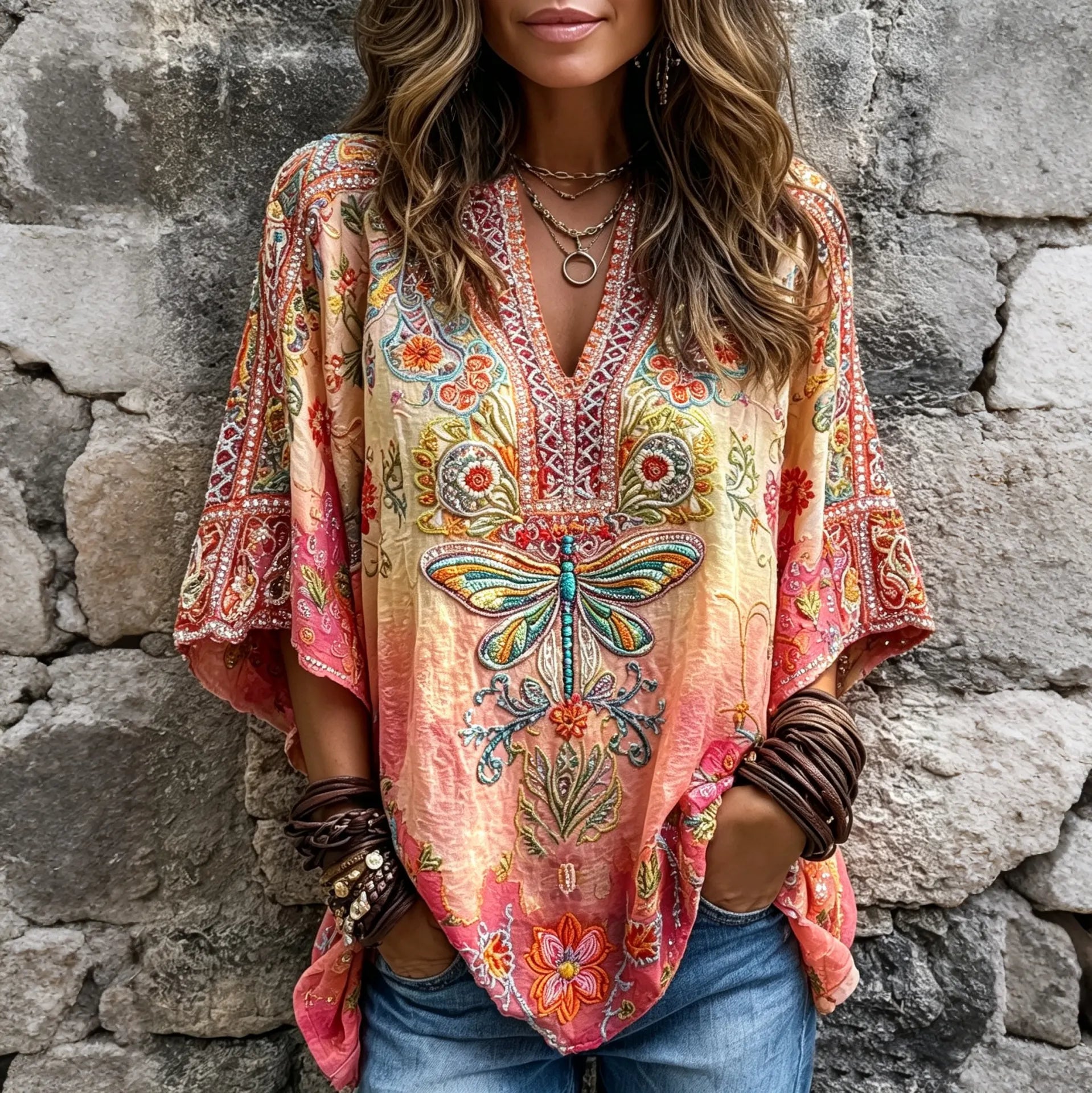 Women's Vintage Floral Dragonfly Art Linen Blend V Neck Tops