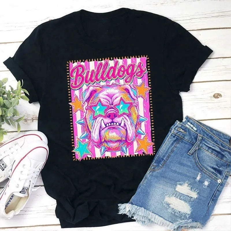 Personalized Mascot Neon Pink And Teal Star Sunglasses Cotton T-Shirt