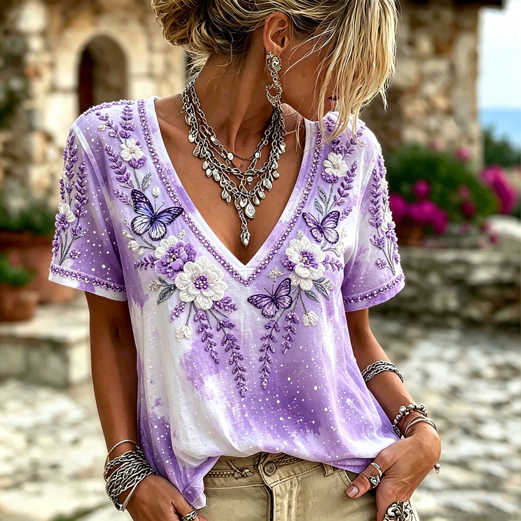 Women's Floral And Butterfly Embroidered V-neck Top