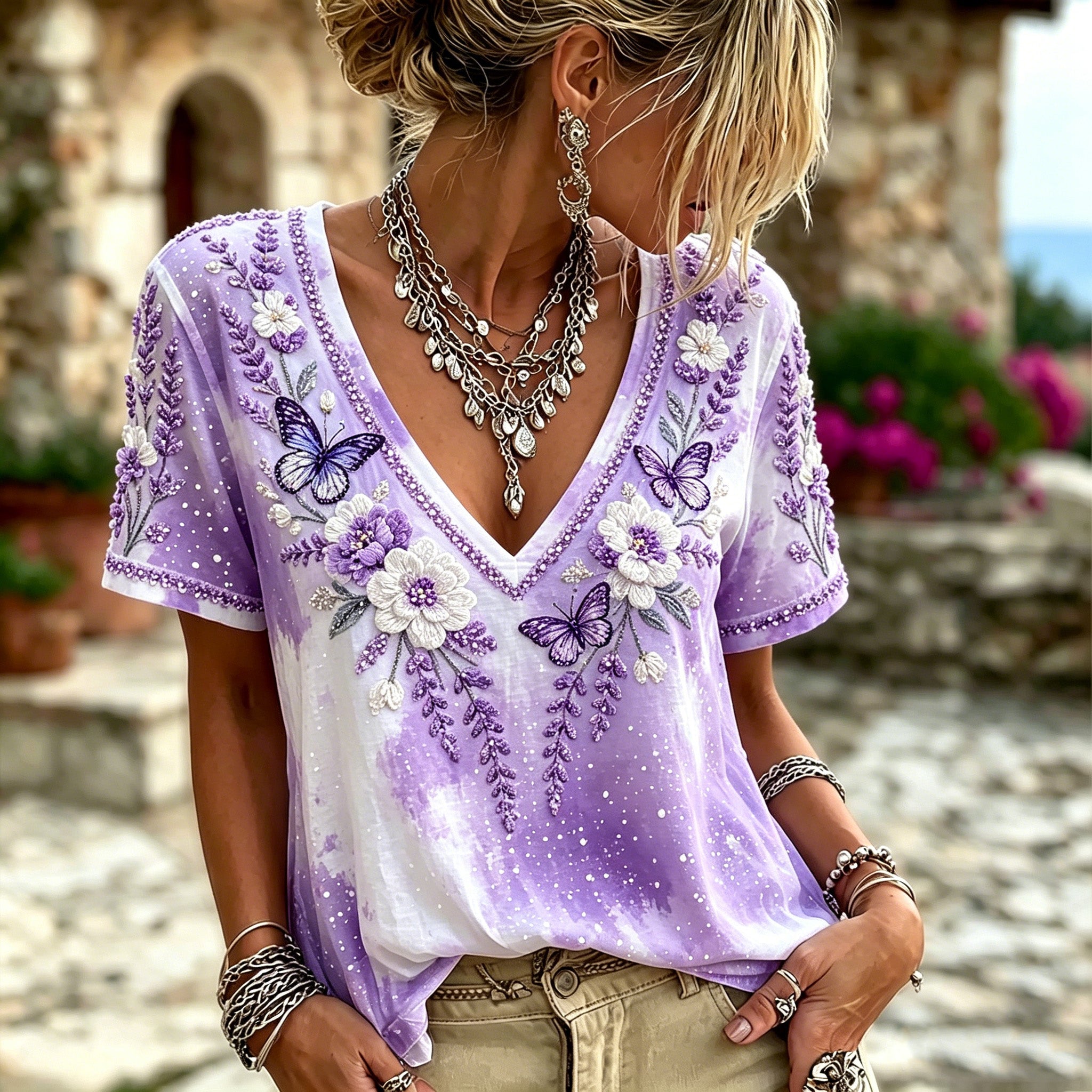 Women's Floral And Butterfly Embroidered V-neck Top