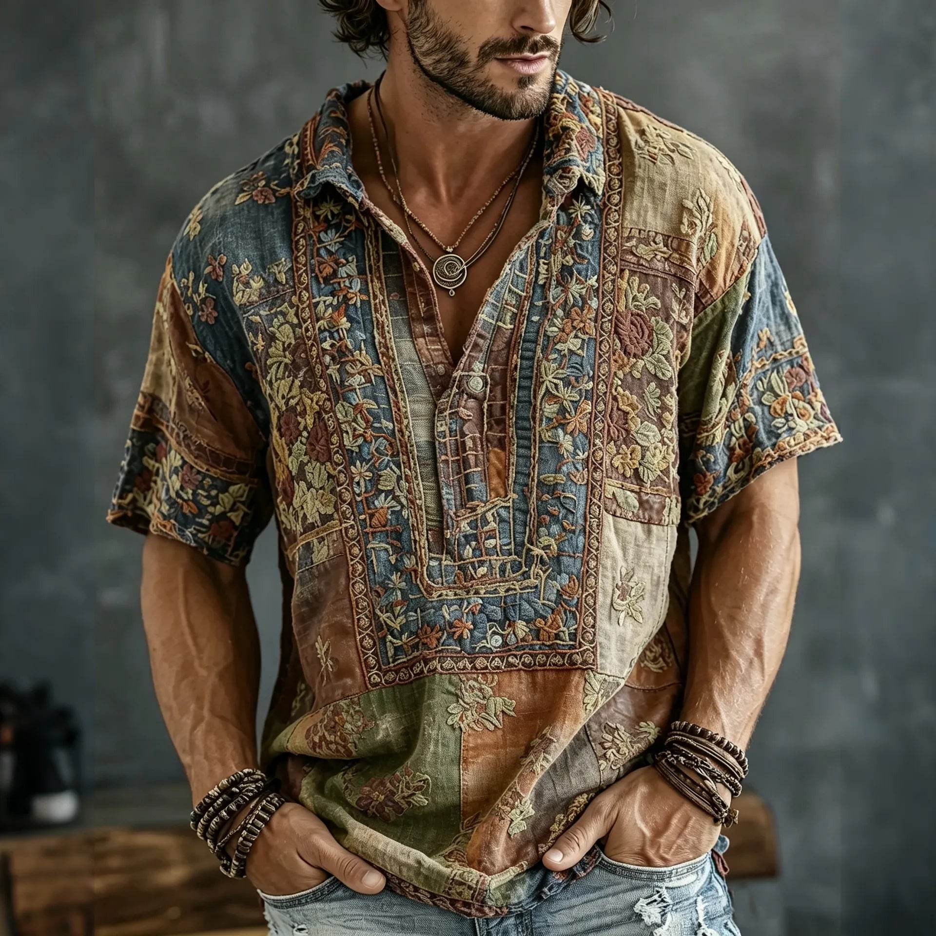 Men's Vintage Floral  Patchwork Embroidered Art Print Flowy Linen Blend Casual Tshirt