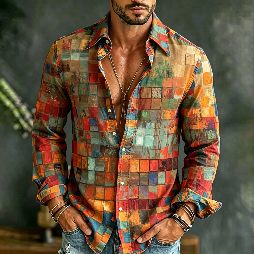 Men's Hippie Color Block Art Patchwork Print Casual Long Sleeve Linen Shirt