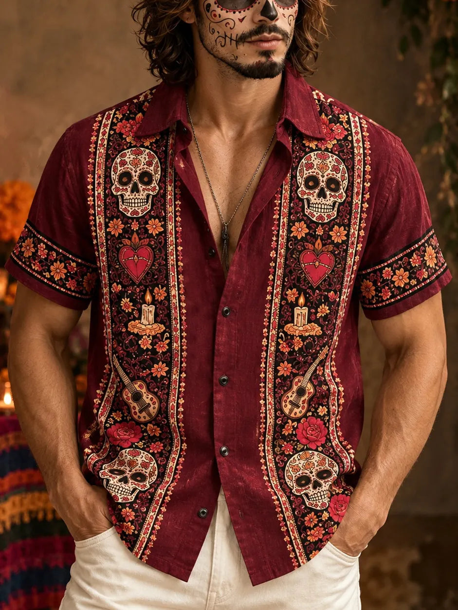 Men‘s Retro Mexico Day Of The Dead Sugar Floral Skull Graphics Printed Shirt